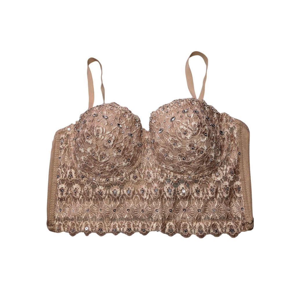 Windsor Natural Lace Rhinestone Sequin Bustier Crop Top Tan M NWT
Swifty's